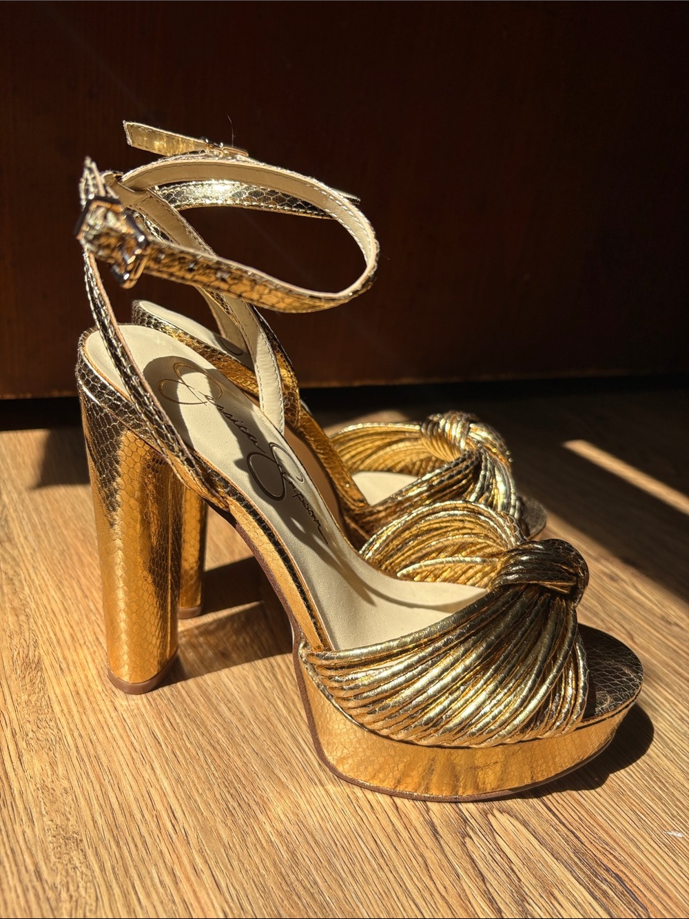 Jessica Simpson Metallic Gold Knotted Ankle-Strap Platform Heels - Picture 2 of 4